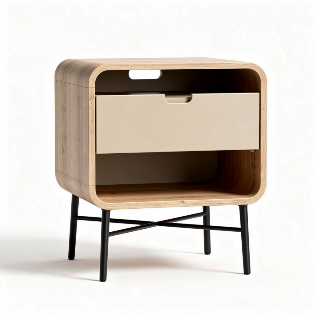 Table de chevet en bois avec tiroir beige et structure en métal noir 45 x 40 x 50cm