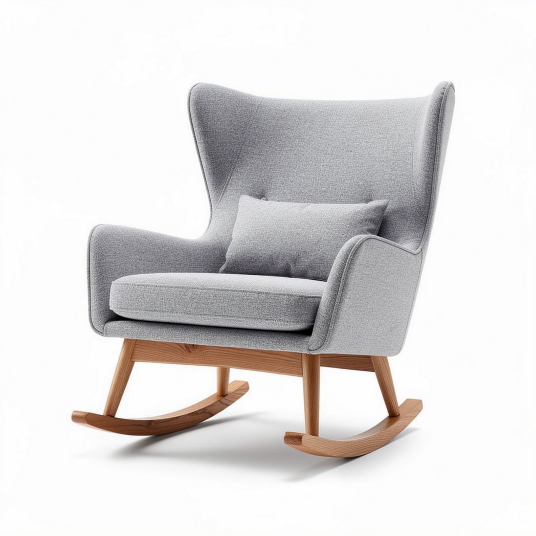 Fauteuil à bascule en bois et tissu gris avec coussin inclus 80 x 70 x 100cm
