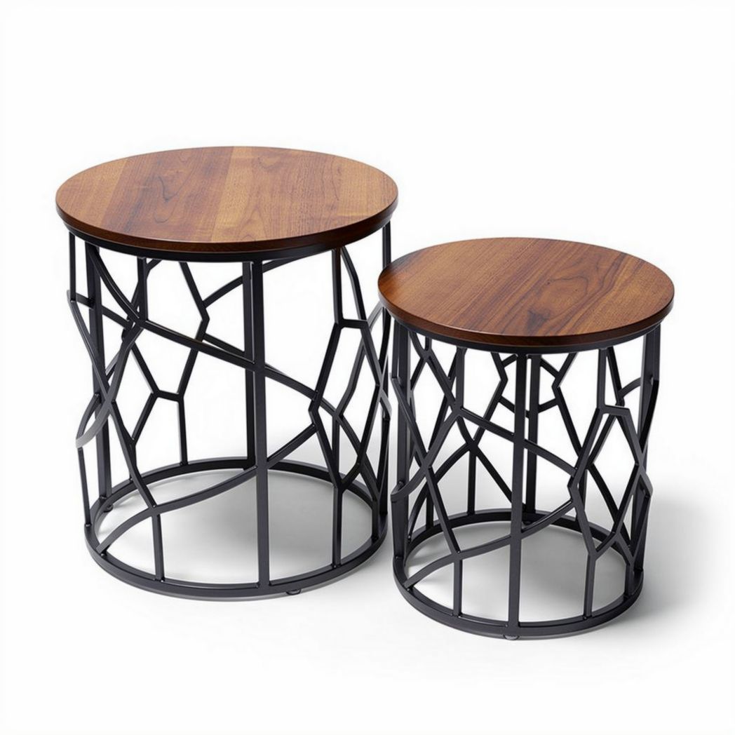 Table d'appoint ronde en métal et bois couleur naturelle 30 x 30 x 45cm