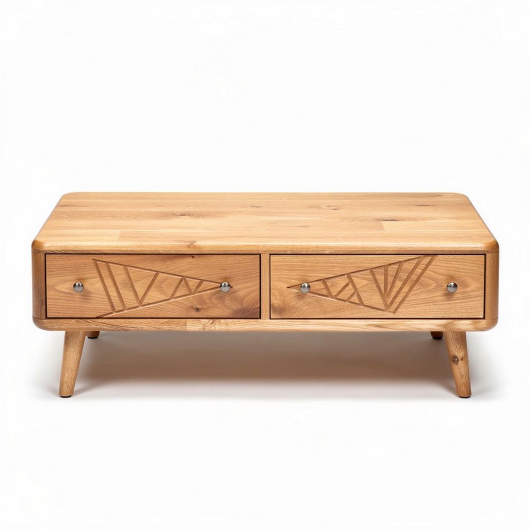 Table basse en bois avec deux tiroirs design géométrique 120 x 60 x 40cm