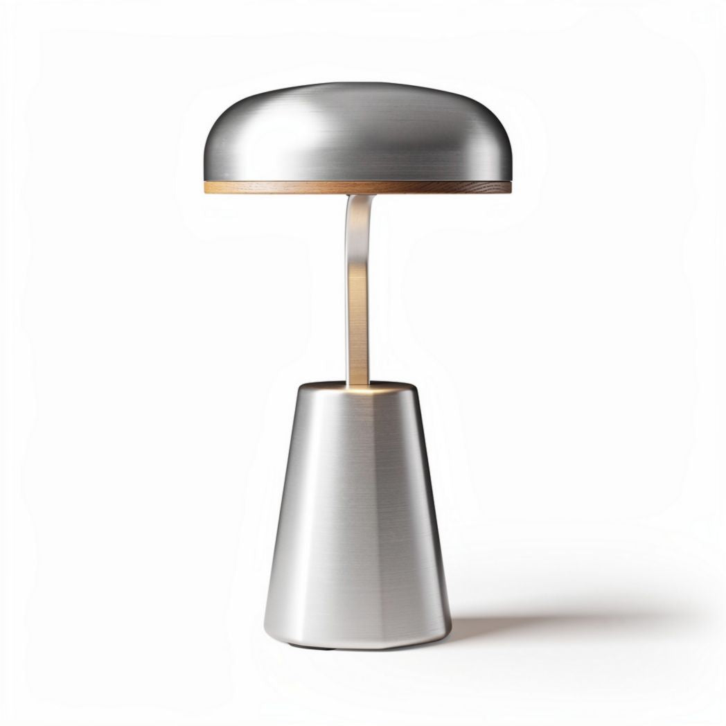 Lampe de bureau en métal argenté avec base en bois taille 20 x 20 x 40cm