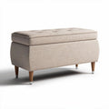 coffre de rangement en tissu beige 90 x 45 x 45cm avec pieds en bois