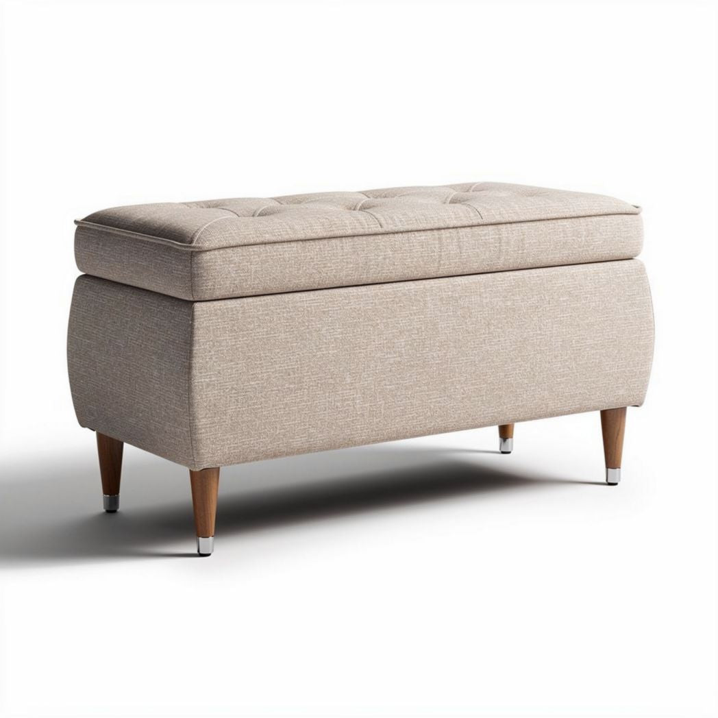 coffre de rangement en tissu beige 90 x 45 x 45cm avec pieds en bois